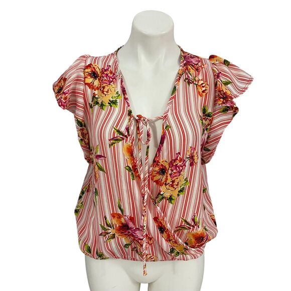 The Outfit Blouse Womens Medium Stripe Floral Surplice Work Office Beach Coastal - Picture 7 of 15